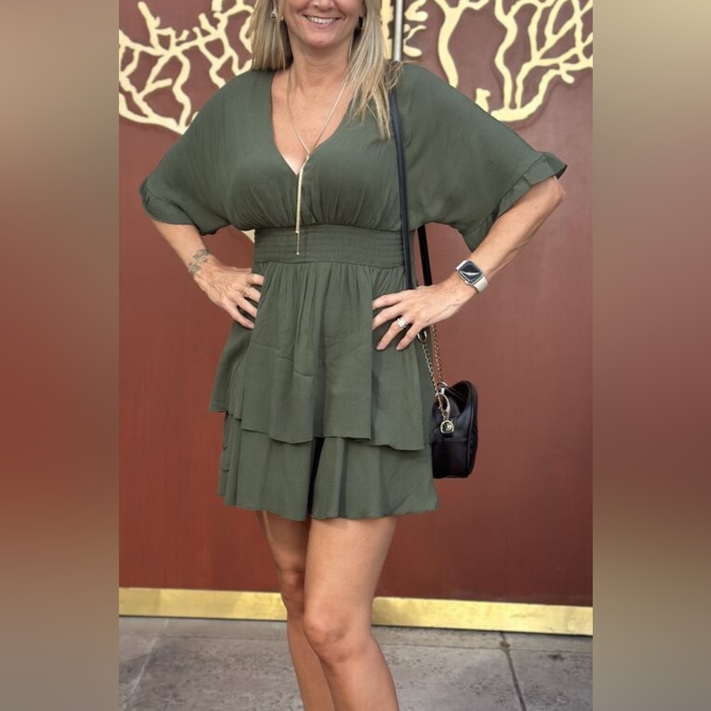 Plunging ruffle-trim mini dress with shorts built in. V-neck olive color. L, NWT - Picture 3 of 13